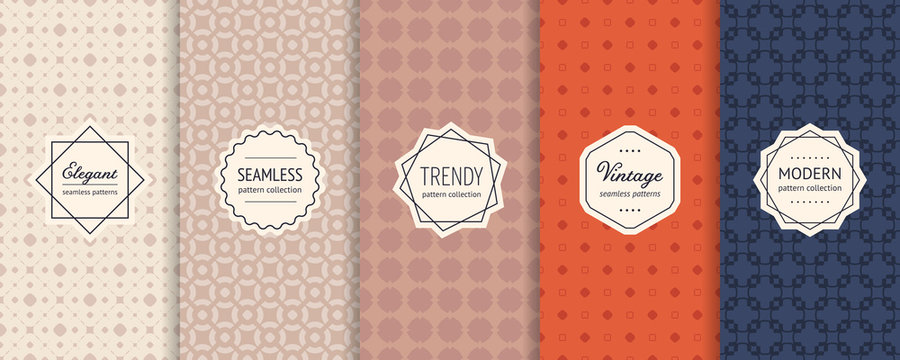 Vector geometric seamless patterns collection. Set of vintage colorful background swatches with modern minimal labels. Elegant abstract textures. Stylish retro design. Navy blue, orange, beige, brown