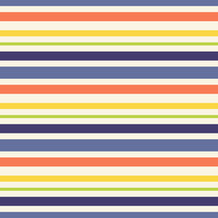Horizontal stripes pattern. Simple vector seamless texture with thin straight lines. Modern abstract geometric striped background. Orange, blue, navy, green, yellow and beige color. Bright design