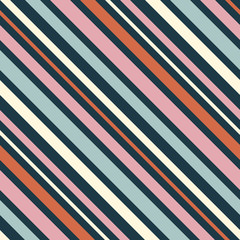 Obraz premium Diagonal stripes pattern. Simple vector seamless texture with thin inclined lines. Modern abstract geometric striped background. Orange, pink, navy blue, mint green and beige color. Stylish design