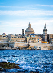 Beautiful Valletta city skyline in Malta in front of the sea