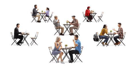 Young and elderly people sitting on tables in a cafe