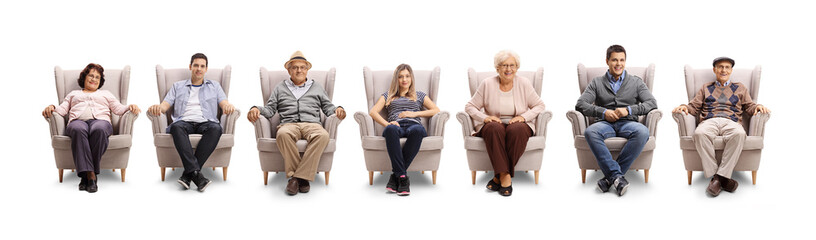 Young and elderly people sitting in armchairs