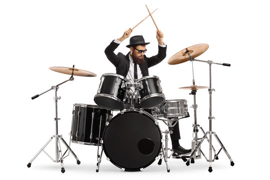 Drummer Starting To Play Drums And Holding Drumsticks In The Air