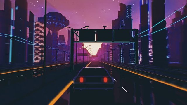 Retro-futuristic 80s style drive in neon city. Seamless loop of cyberpunk sunset landscape with a moving car on a highway road. VJ synthwave looping 3D animation for music video. 4K stylized vintage