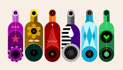 A row of six different colored bottles isolated on a light background, decorative modern design, vector illustration.