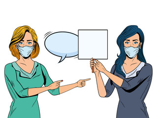 women using face masks for covid19 with banner and speech bubble
