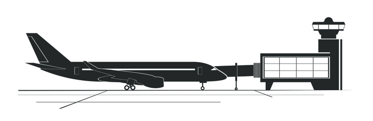 Passenger airplane parked at the gangway at the airport. Vector illustration