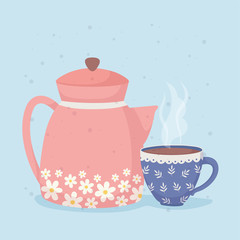 coffee time and tea kettle and blue cup hot beverage