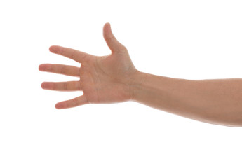 Man against white background, closeup of hand