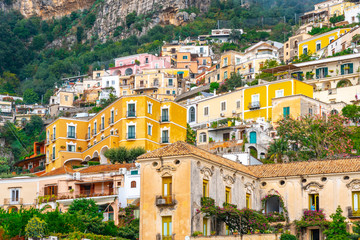 Beautiful colorful houses on a mountain in Positano, a town on Amalfi coast