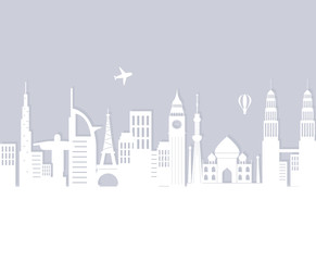 skyline landmarks air balloon and airplane architecture city silhouette