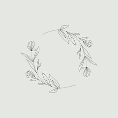 Vector isolated flower wreath. Decorative linear delicate hand drawn frame for your design