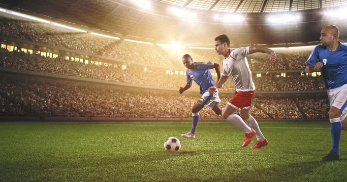 Soccer player shows great skills during the game on a professional soccer stadium on a sunny day. Stadium and crowd are made in 3d and animated.