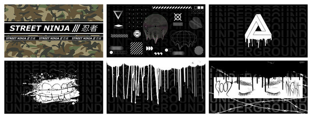 Street collection illustration. Black and white crime shapes and elements for merch, print t shirt, poster, banner and flyers. Monochrome aggressive set hip hop elements in brutalism style. Vector 