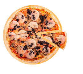 Italian pizza with ham, mozzarella, mushrooms and olives, with a slice slightly removed on a wooden platter, isolated on white background, top view