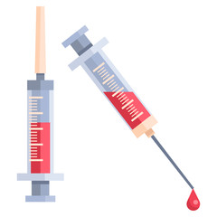 Medical syringe on white isolated backdrop. Blood test injection for social banner, web element, health care promo, medical poster. Chemist shop logo or info card. Flat style stock vector illustration