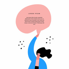 Girl holding speech bubble flat vector illustration. Young cheerful woman with comment cartoon character isolated on white background. Online chatting, message communication concept with text space