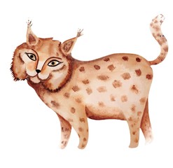 Watercolor cartoon kids lynx cub. Hand painted watercolor illustration of a young cat lynx isolated on a white background.
