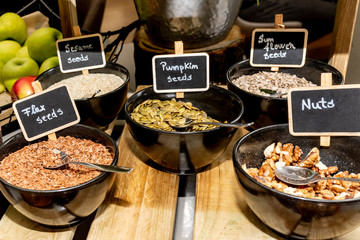 Selection self service continental breakfast buffet display, catering or brunch table food buffet