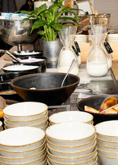 Selection self service continental breakfast buffet display, catering or brunch table food buffet