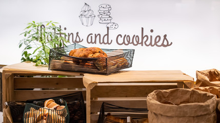 Selection self service continental breakfast buffet display, catering or brunch table