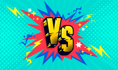 Versus comic frame. Vs comics book frames with cartoon comics  text speech bubbles on halftone stripes background vector template, red, white, blue, yellow, black.