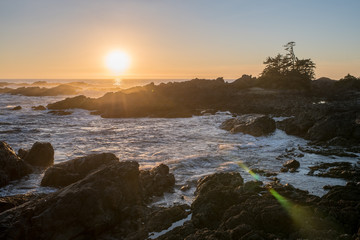 Obraz premium Turbulent surf at sunset on the West Coast of Vancouver Island, Canada.