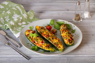 Courgettes stuffed with beef mince and vegetables