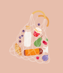 Eco Friendly Concept Cotton Nets Shopping Bag with food. String shopper bag with products from the store, market. 