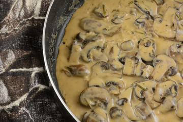 Close up of homemade mushroom cream sauce in nonstick frying pan