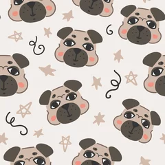Foto op Plexiglas Honden Grappig naadloos patroon met schattige mopshonden en sterren voor behang, inpakpapier, dekking, textiel, stof, kinderkledingprint en ander ontwerp. Platte vector hand getekende illustratie.