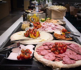 Selection of self service catering continental breakfast buffet display, catering or brunch table