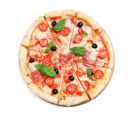 Delicious pizza Diablo isolated on white, top view