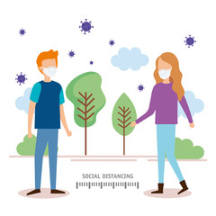 couple using face masks for covid19 vector illustration design