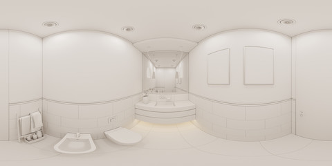 3D render spherical 360 degrees seamless panorama interior of the bathroom in a private cottage. Ambient occlusion style