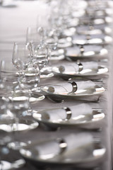 decoration napkins, festive table setting, white dishes in a row, many guests, festive table,