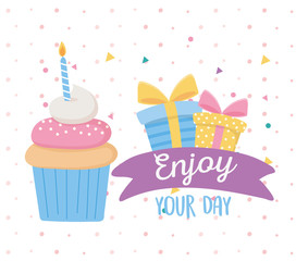 happy birthday, gift boxes cupcake confetti ribbon decoration celebration