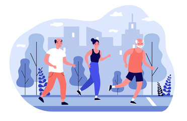 Senior people jogging in city park. Old men and women running marathon flat vector illustration. Lifestyle and sport concept for banner, website design or landing web page