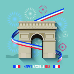 Vector illustration of Arc De Triomphe, France flag, and fireworks, for Bastille Day.