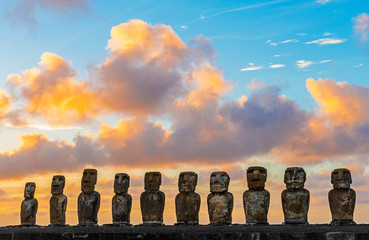 The Moai statues of Ahu Tongariki at Sunrise, Easter Island (Rapa Nui), Chile.