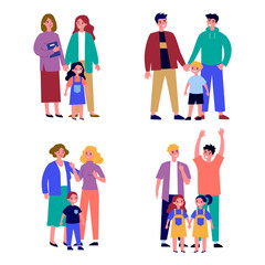 Homosexual parents set. Happy families of gay couples and children flat vector illustrations. Homosexuality, adoption, equality concept for banner, website design or landing web page
