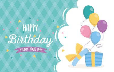 happy birthday, open gift box with balloons celebration