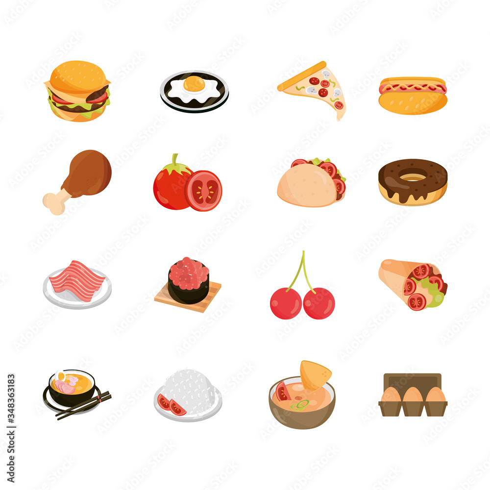 Wall mural food menu restaurant snack ingredient flat style icons set