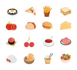 food menu restaurant snack ingredient flat style icons set
