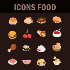 food menu restaurant snack ingredient flat style icons set