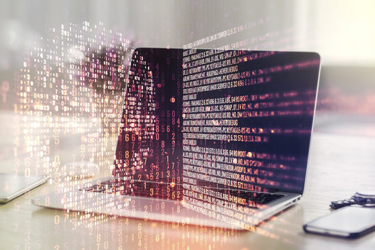 Creative code skull sketch on modern laptop background, theft of personal data and malware concept. Multiexposure