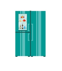 Modern big fridge with transparent door filled with food and beverages. Flat style vector freezer illustration.