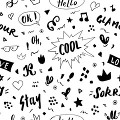 Doodle Seamless Pattern, hand drawn pop art signs and symbols background, Vector Illustration