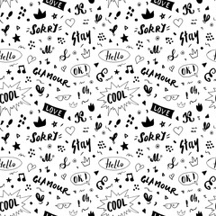 Doodle Seamless Pattern, hand drawn pop art signs and symbols background, Vector Illustration