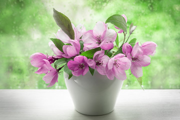 Pink flowers of decorative apple tree in a small white vase on a windowsill. Image for design postcards, calendar, book cover. Close-up, selective focus.
